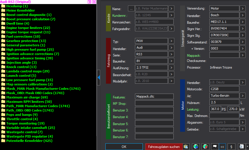 WinOLS Basic Mappack + DTC Bosch MED17.1.1 – VAG 2.5T CZGB – 8V0907404 003879 – OLS  KP  JSON  CSV