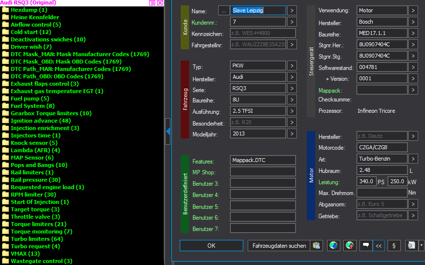 WinOLS Basic Mappack + DTC Bosch MED17.1.1 – VAG 2.5T CZGA/CZGB – 8U0907404C 004781 – OLS / KP / JSON / CSV