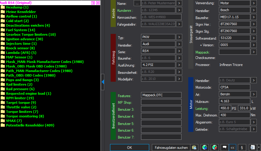 WinOLS Basic Mappack + DTC Bosch MED17.1.15 – VAG 4.2 FSI CFSA – 8T2907560 531220 – OLS / KP / JSON / CSV