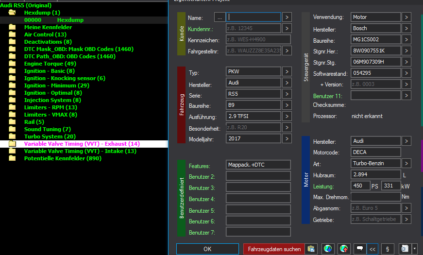 WinOLS Basic Mappack + DTC MG1CS002 – Audi RS5 B9 2.9 TFSI DECA – 8W0907551K 093334 – OLS / KP / JSON / CSV