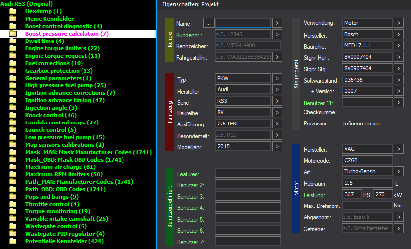 WinOLS Basic Mappack Bosch MED17.1.1 – VAG 2.5T CZGB – 8V0907404 036436 – OLS  KP  JSON  CSV