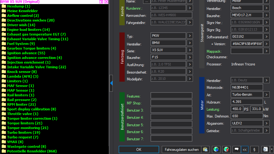WinOLS Basic Mappack Bosch MEVD17.2.H – BMW 4.4T N63 N63B44O1 – 003192 – OLS  KP  JSON  CSV