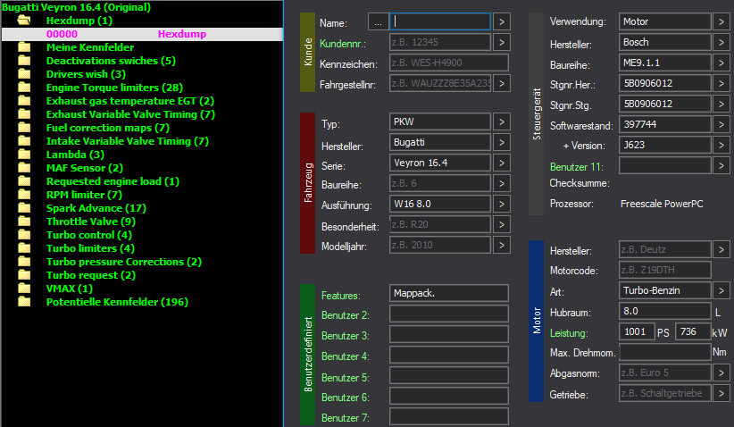 WinOLS Basic Mappack ME9.1.1 – Bugatti Veyron 16.4 W16 8.0 – 5B0906012 397744 – OLS / KP / JSON / CSV