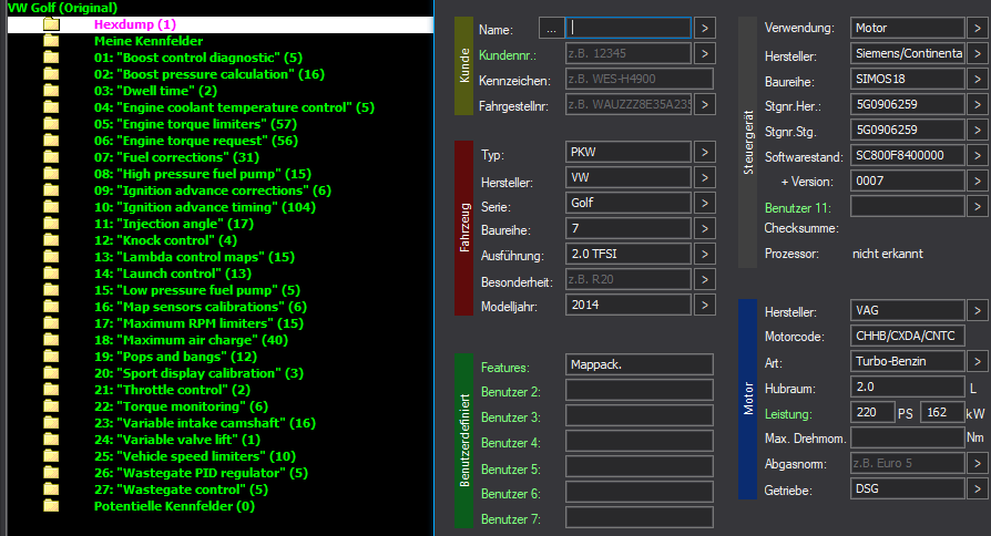 WinOLS Basic Mappack SIMOS18 – VAG 2.0TFSI CHHB / CXDA / CNTC – 5G0906259 SC800F8400000 0007 – 472 ECU Maps – OLS / KP / JSON / CSV