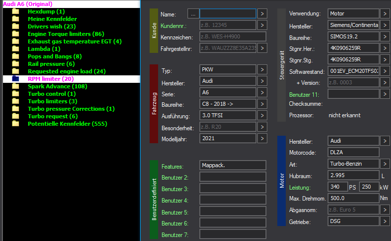 WinOLS Basic Mappack SIMOS19.2 – VAG 3.0TFSI DLZA – 4K0906259R 001EV_ECM20TFS0 – OLS / KP / JSON / CSV
