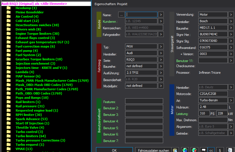 inOLS Basic Mappack + DTC Bosch MED17.1.1 – VAG 2.5T CZGA/CZGB – 8U0907404C 016375 – OLS / KP / JSON / CSV