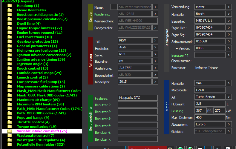 WinOLS Basic Mappack + DTC Bosch MED17.1.1 – VAG 2.5T CZGB – 8V0907404 016368 – OLS  KP  JSON  CSV
