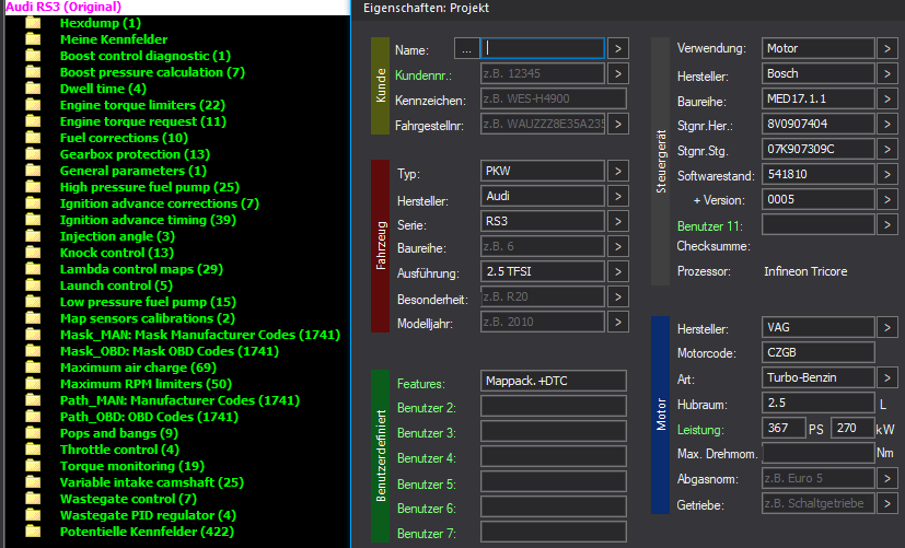 WinOLS Basic Mappack + DTC Bosch MED17.1.1 – VAG 2.5T CZGB – 8V0907404 541810 – OLS / KP / JSON / CSV
