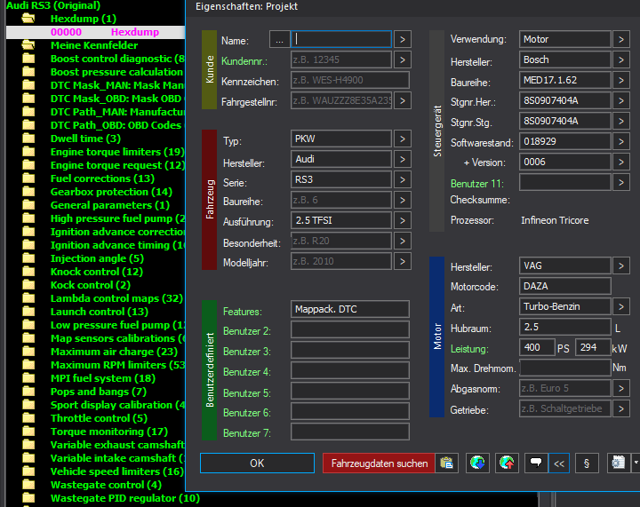 WinOLS Basic Mappack + DTC Bosch MED17.1.62 – VAG 2.5T DAZA – 8S0907404A 018929 – OLS / KP / JSON / CSV