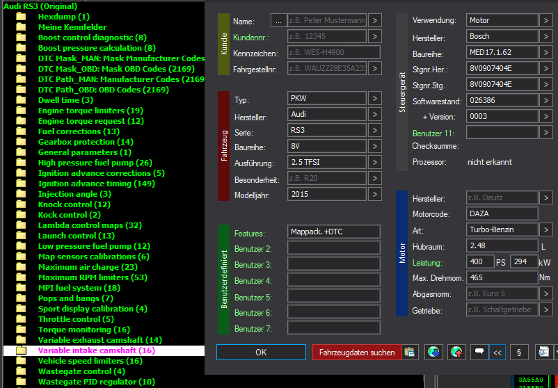WinOLS Basic Mappack + DTC Bosch MED17.1.62 – VAG 2.5T DAZA – 8V0907404E 026386 – OLS / KP / JSON / CSV