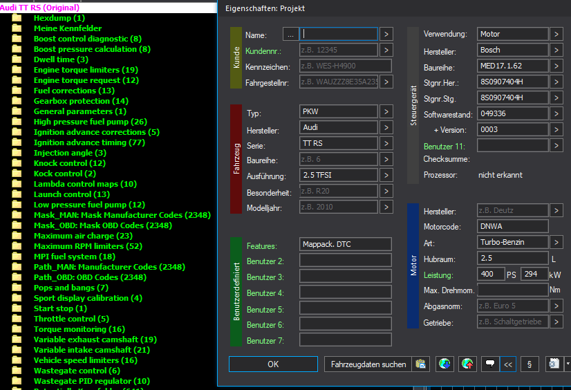WinOLS Basic Mappack + DTC Bosch MED17.1.62 – VAG 2.5T DNWA – 8S0907404H 049336 – OLS  KP  JSON  CSV