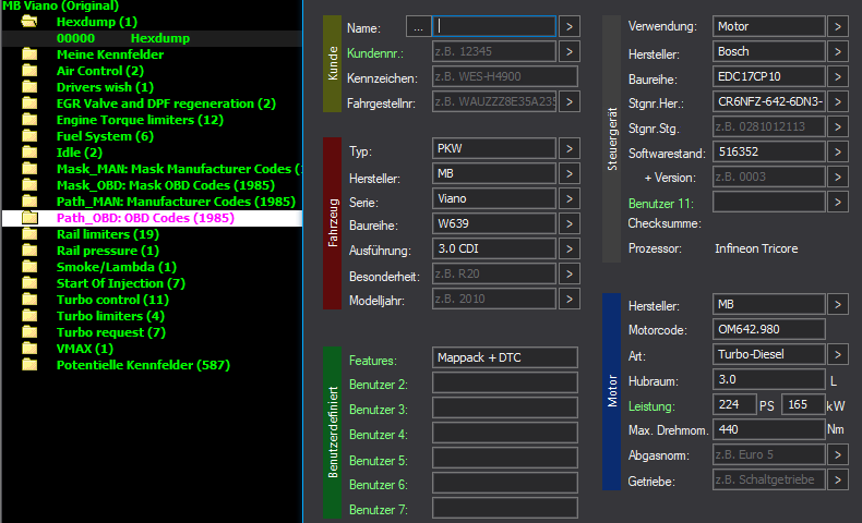 WinOLS Basic Mappack + DTC EDC17CP10 – Mercedes 3.0CDI OM642 – CR6NFZ-642-6DN3 516352 – 2000+ Entries (incl. DTC Codes) – OLS / KP / JSON / CSV