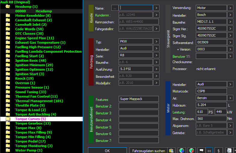 WinOLS Super Mappack MED17.1.1 – Audi R8 5.2FSI V10 CSPB – 4S0907552C 003909 0003 – 459 ECU Maps – OLS / KP / JSON / CSV