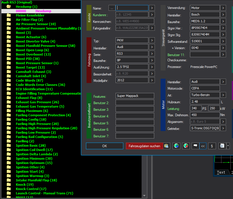 WinOLS Super Mappack MED9.1.2 – Audi RS3 8P 2.5TFSI CEPA – 8P0907404 519001 0040 – 837 ECU Maps – OLS / KP / JSON / CSV