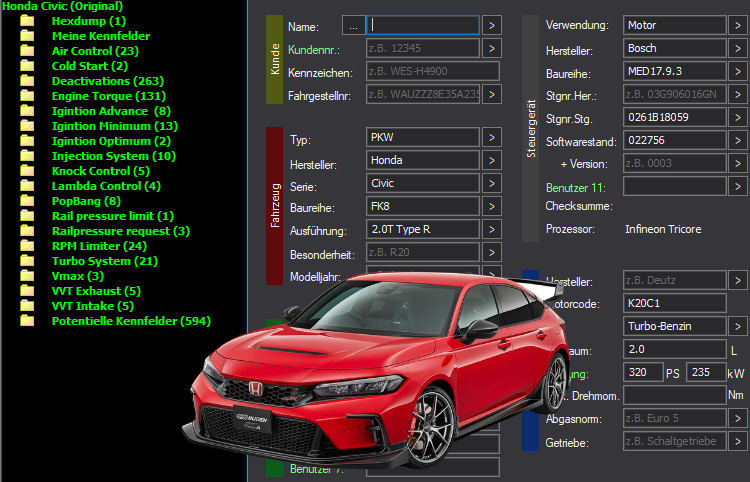 WinOLS & TunerPro Basic Mappack Bosch MED17.9.3 – Honda 2.0T K20C1 – 0261B18059 022756 – OLS  KP  XDF  JSON  CSV