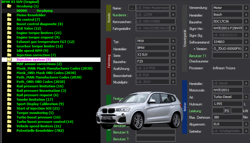 WinOLS & TunerPro Basic Mappack + DTC Bosch EDC17C56 – BMW 2.0D N47D20O1 – N47D20O1-F25N47 534803 – OLS  KP  XDF  JSON  CSV