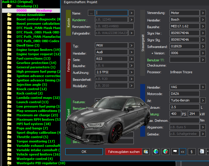 WinOLS & TunerPro Basic Mappack + DTC Bosch MED17.1.62 – VAG 2.5T DAZA – 8S0907404A 018929 – OLS / KP / XDF / JSON / CSV