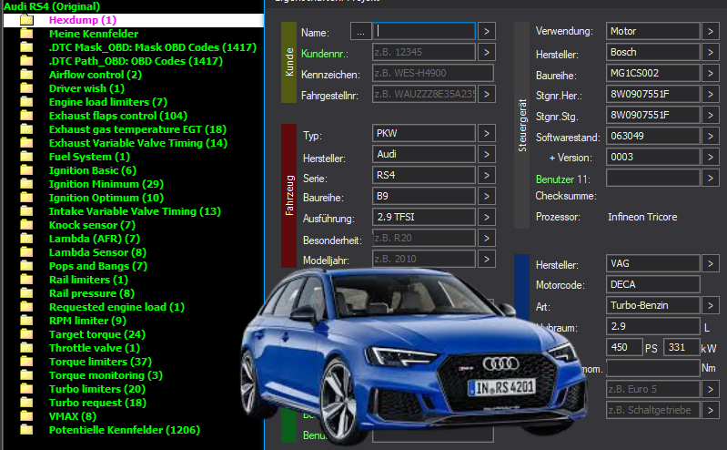 WinOLS & TunerPro Basic Mappack + DTC Bosch MG1CS002 – VAG 2.9T DECA – 8W0907551F 063049 – OLS / KP / XDF / JSON / CSV