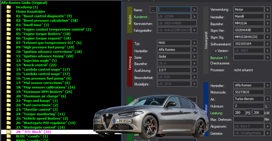 WinOLS & TunerPro Basic Mappack + DTC Marelli MM10JA – Alfa Romeo 2.0T 55273835 – G520VA9E 352105164 – OLS / KP / XDF / JSON / CSV